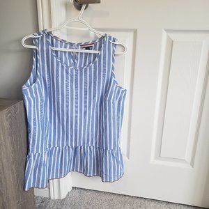 TOMMY HILFIGER Ladies Blue Cotton Sleeveless Striped Frilled Hem Tank Top.